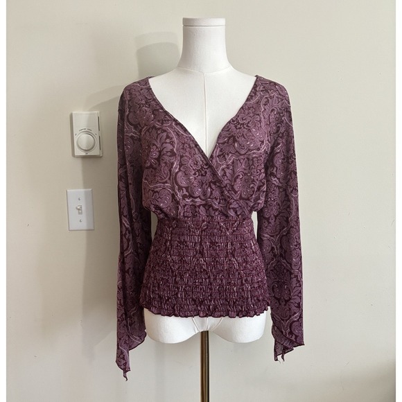 Vintage Tops - Vintage 90s 00s Boho Whimsigoth Flare Sleeve Top V Neck Paisley Purple Plus Size